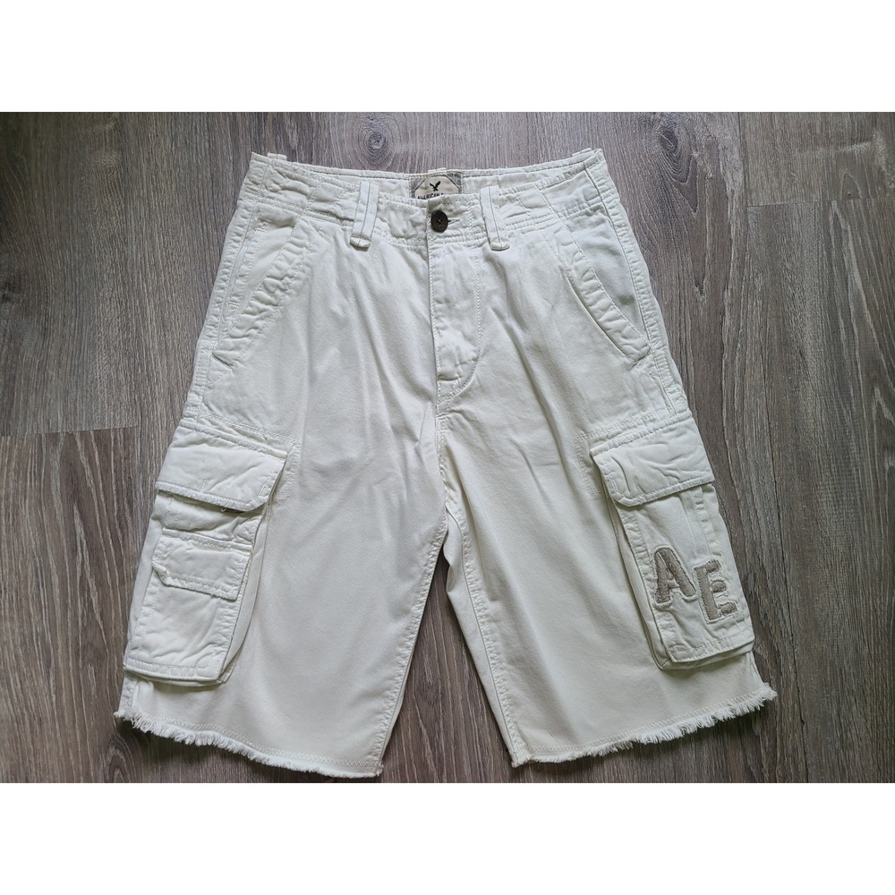 Y2K American Eagle Outfitters Baggy Cargo Shorts Logo Spellout Cream Skater Mall